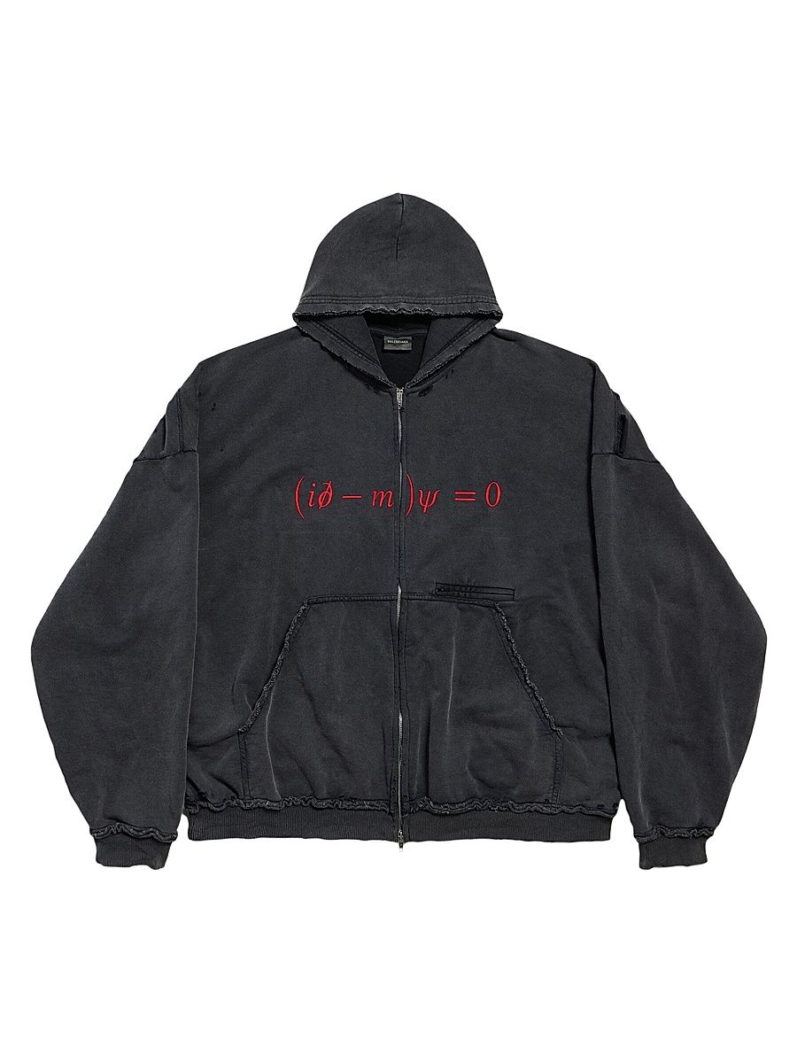 Men's Dirac Equation Pulled Zip-Up Large Fit Hoodie - Washed Black Red - Size XL