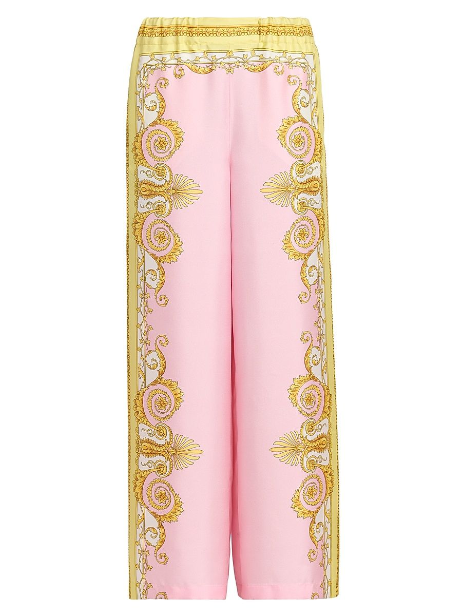 Women's Barocco Foulard Silk Twill Pants - Pale Yellow Rose Quartz - Size 12