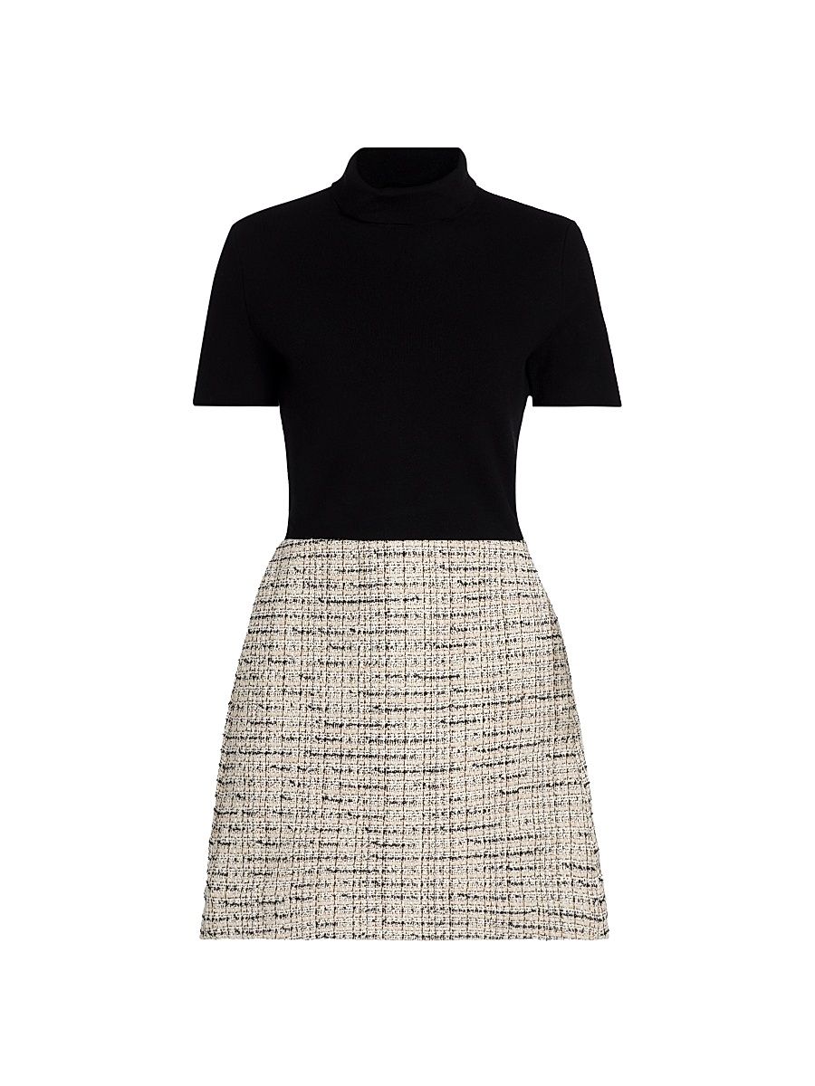 Women's Mixed-Media Turtleneck Minidress - Black Multi - Size Large