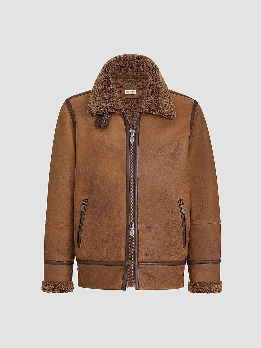 Men's Vintage-Effect Shearling Aviator Jacket - Light Brown - Size XXXXL