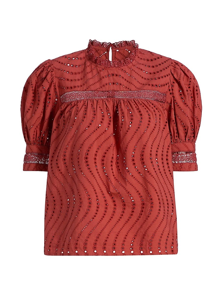 Women's Virginia Broderie Anglaise Short-Sleeve Blouse - Claret - Size 2