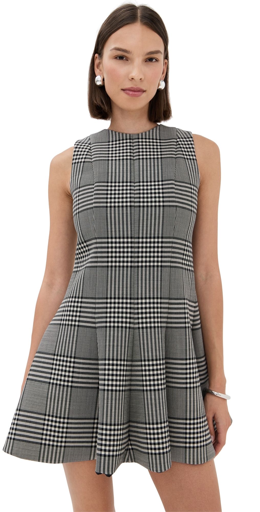 Brandon Maxwell The Sophie Crew Neck Fitted Mini Dress Prince Of Wales Plaid 0