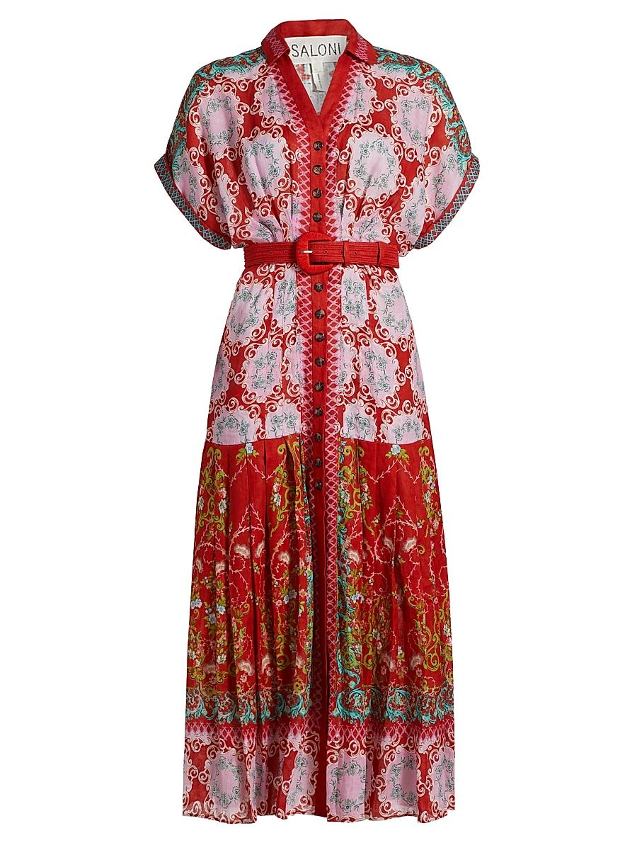 Women's Riya Printed Linen Shirtdress - Cicchetti Coral Print - Size 2