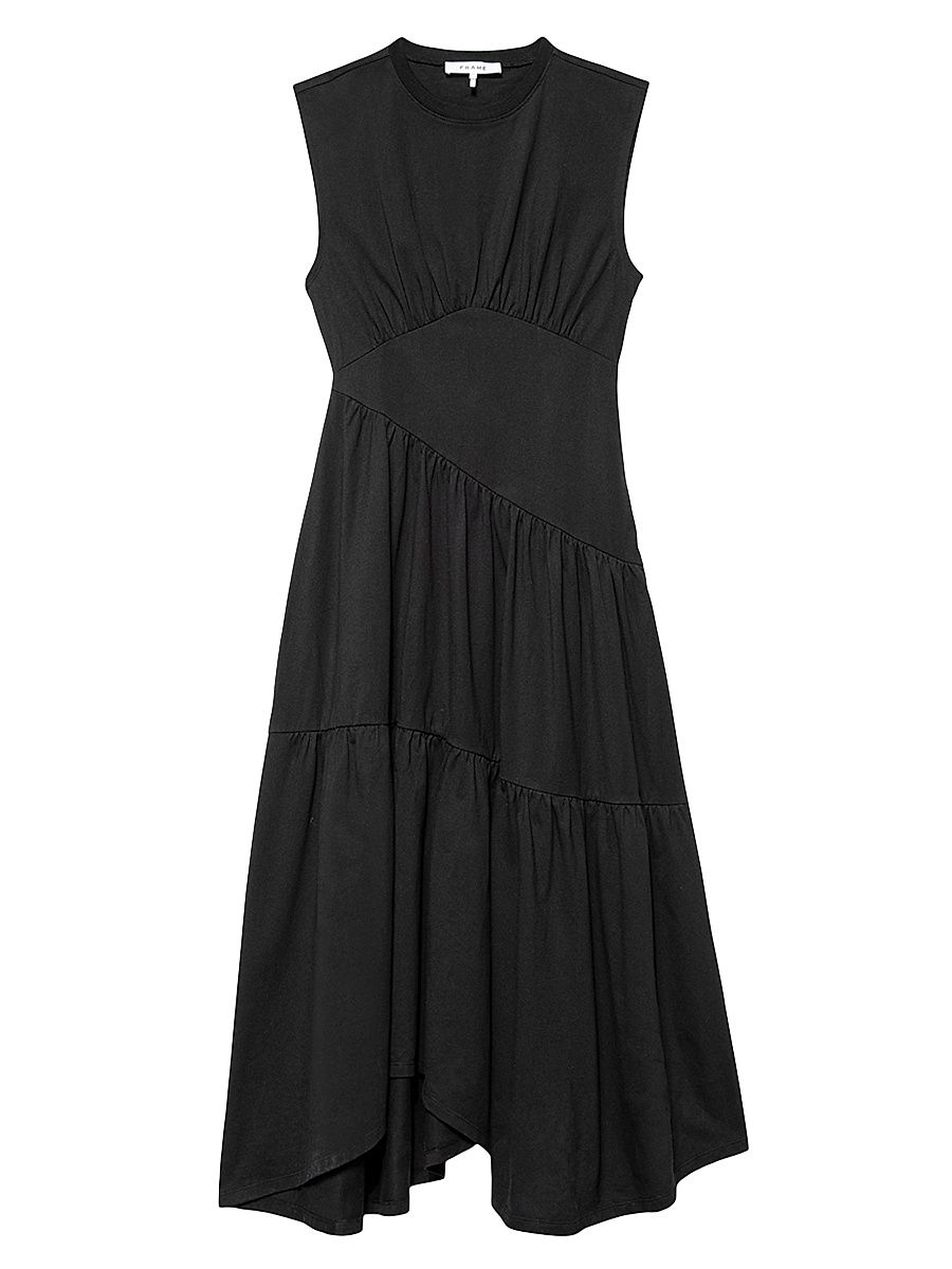 Women's Cotton Asymmetric Tiered Midi-Dress - Noir - Size Large