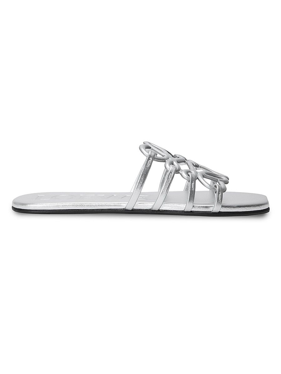Women's Petal Anagram Leather Flat Sandals - Silver - Size 11