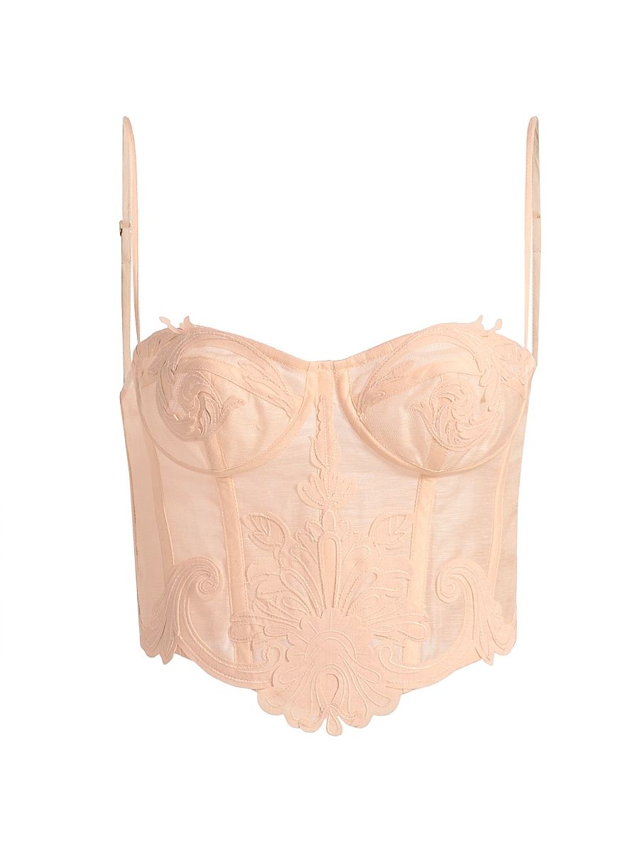 Women's Rebellion Filigree Linen-Silk Bustier Crop Top - Peach - Size 6