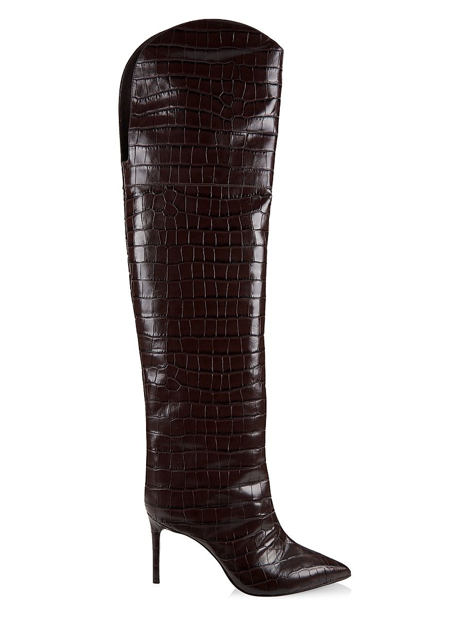 Women's Maryana Crocodile-Embossed Leather Over-The-Knee Boots - Dark Chocolate - Size 8