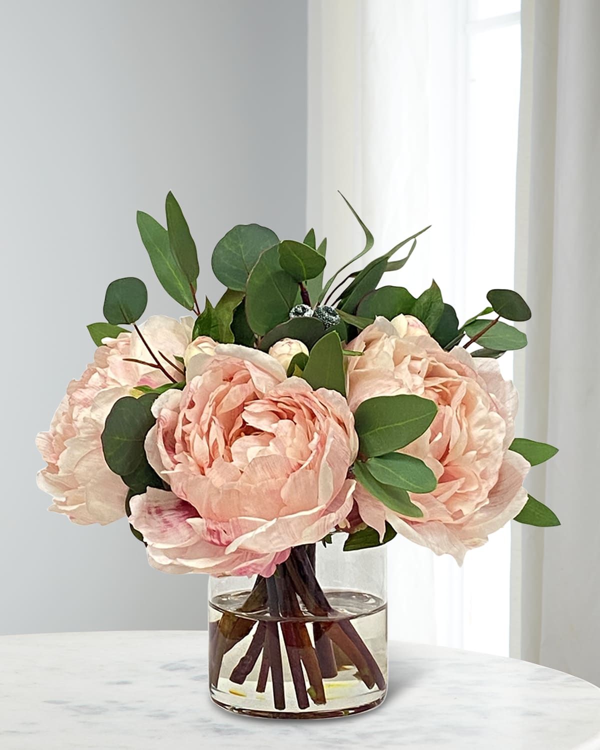 Peonies & Eucalyptus 10" Faux Floral Arrangement in Glass Cylinder
