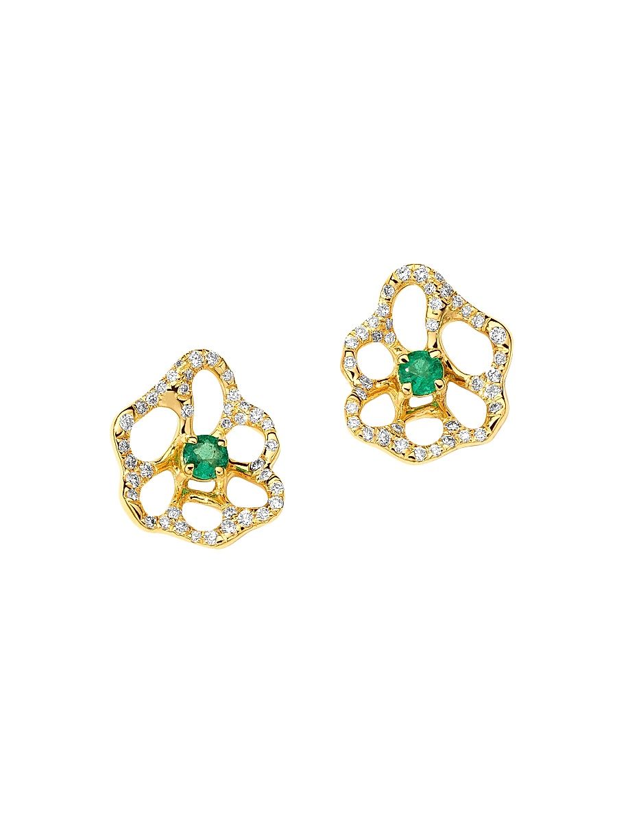 Women's Stardust 18K Yellow Gold, Emerald & 0.3 TCW Diamond Flower Stud Earrings - Green Emerald