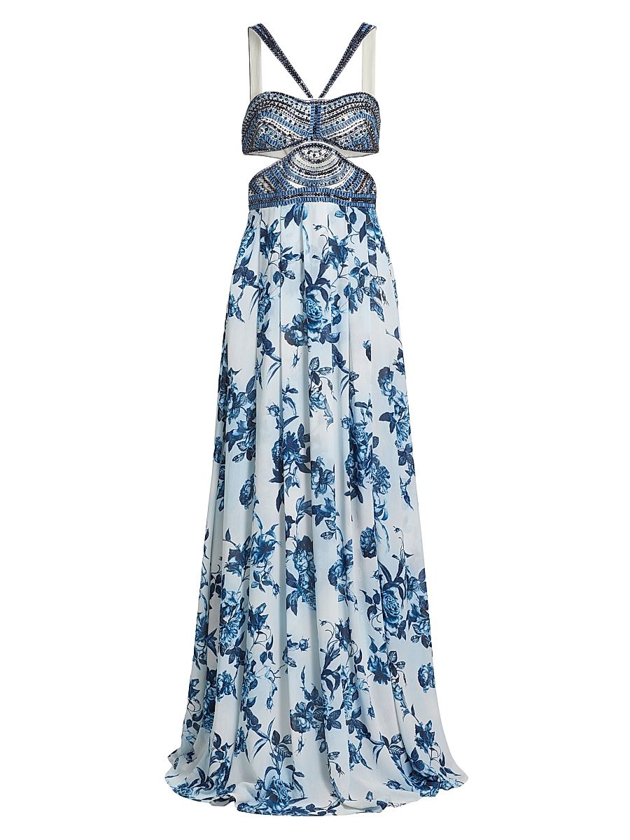 Women's Annistyn Floral Embellished Gown - White Blue Painterly Floral - Size 14