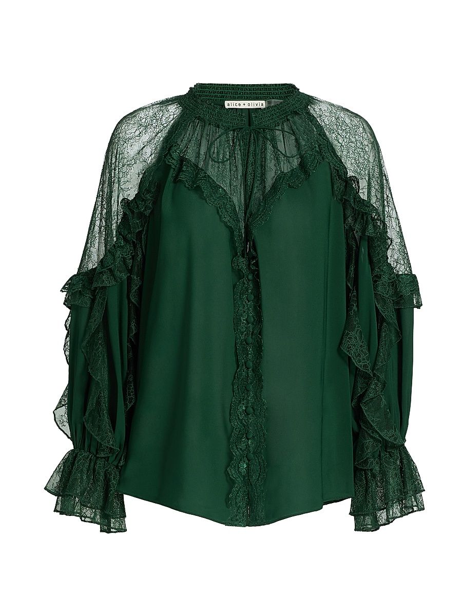 Women's Aleena Ruffled Lace-Trim Blouse - Green Mystique - Size Large