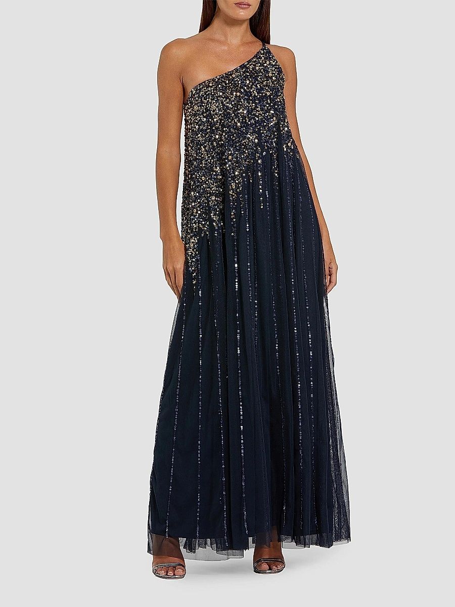 Mac Duggal Women's One-Shoulder Beaded Tulle Trapeze Gown - Midnight Gold - Size 16