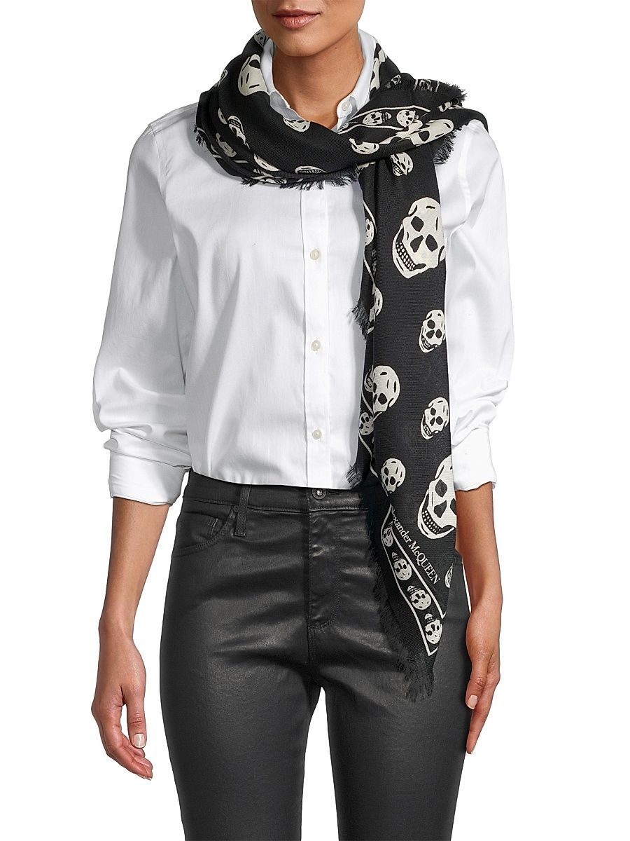 Women's Skull-Print Wool Scarf - Black Ivory