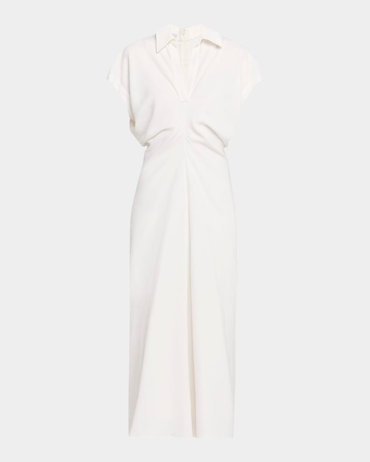 Draped Linen Twill Ankle Polo Dress With Monili Trim