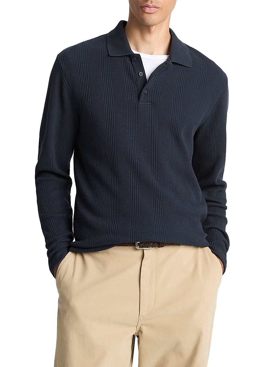 Men's Variegated Textured Long-Sleeve Polo Shirt - Coastal - Size XXL