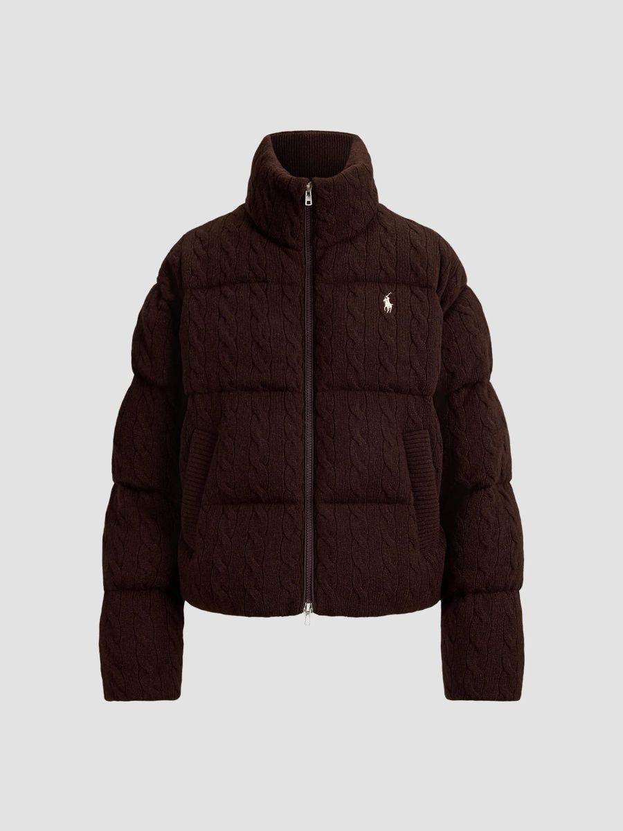 Polo Ralph Lauren Women's Cable-Knit Wool-Cashmere Puffer Jacket - Walnut Brown - Size XS