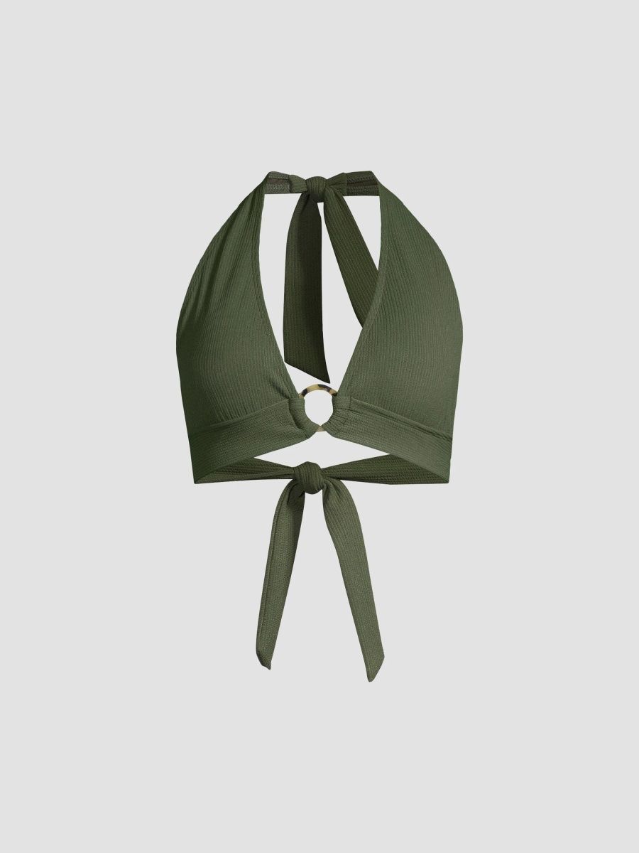 Change of Scenery Women's Erin Ring Halter Bikini Top - Olive Texture - Size Large