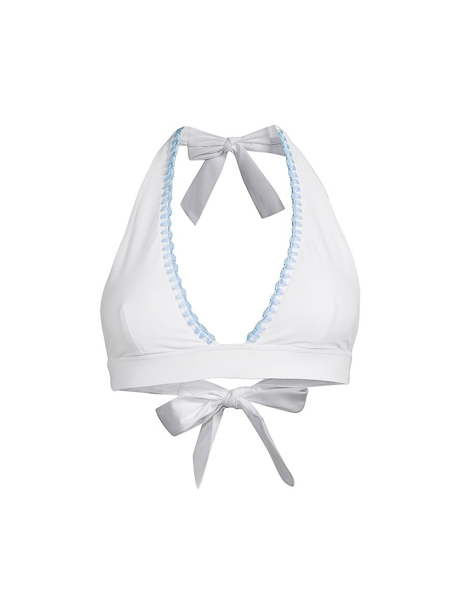 Women's Carvico Crochet-Trim Halterneck Bikini Top - White Blue - Size Large