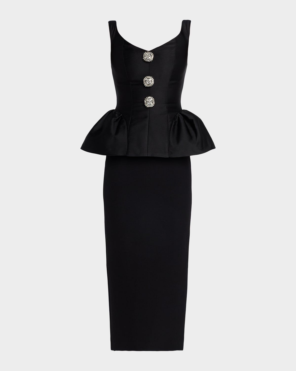 Crystal Button-Front Sleeveless Peplum Midi Dress