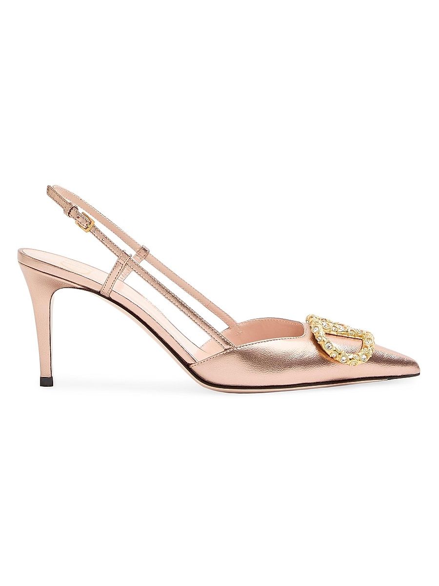 Women's VLogo Signature Laminated Nappa Leather 80MM Slingback Pumps - Rose Cannelle Crystal - Size 12