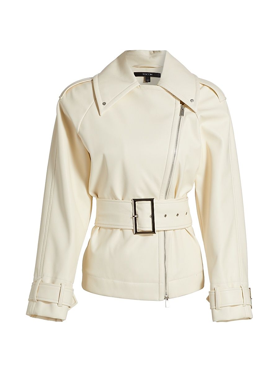 Women's Faux Leather Belted Biker Jacket - Ivory - Size 12