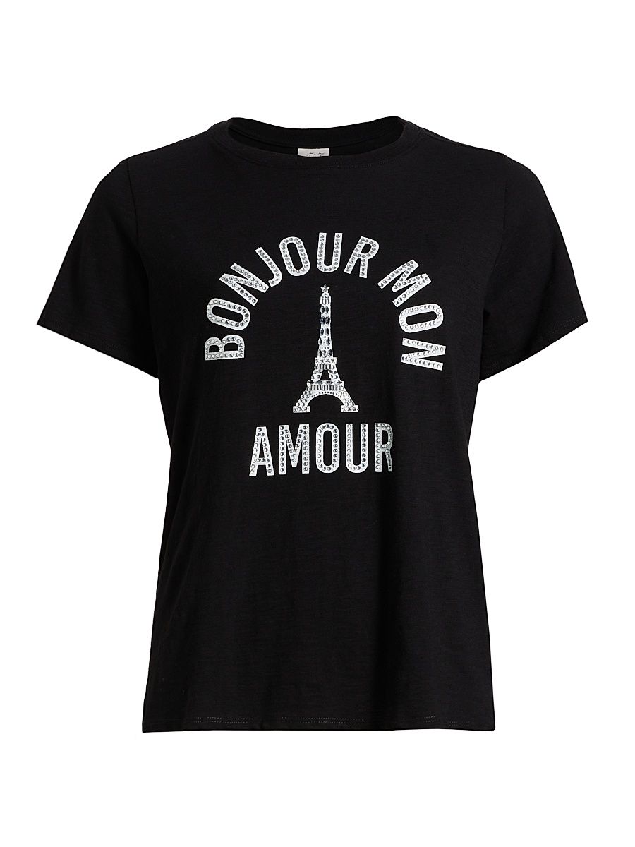 Women's 'Bonjour Mon Amour' Embellished Eiffel Tower Cotton T-Shirt - Black - Size Large