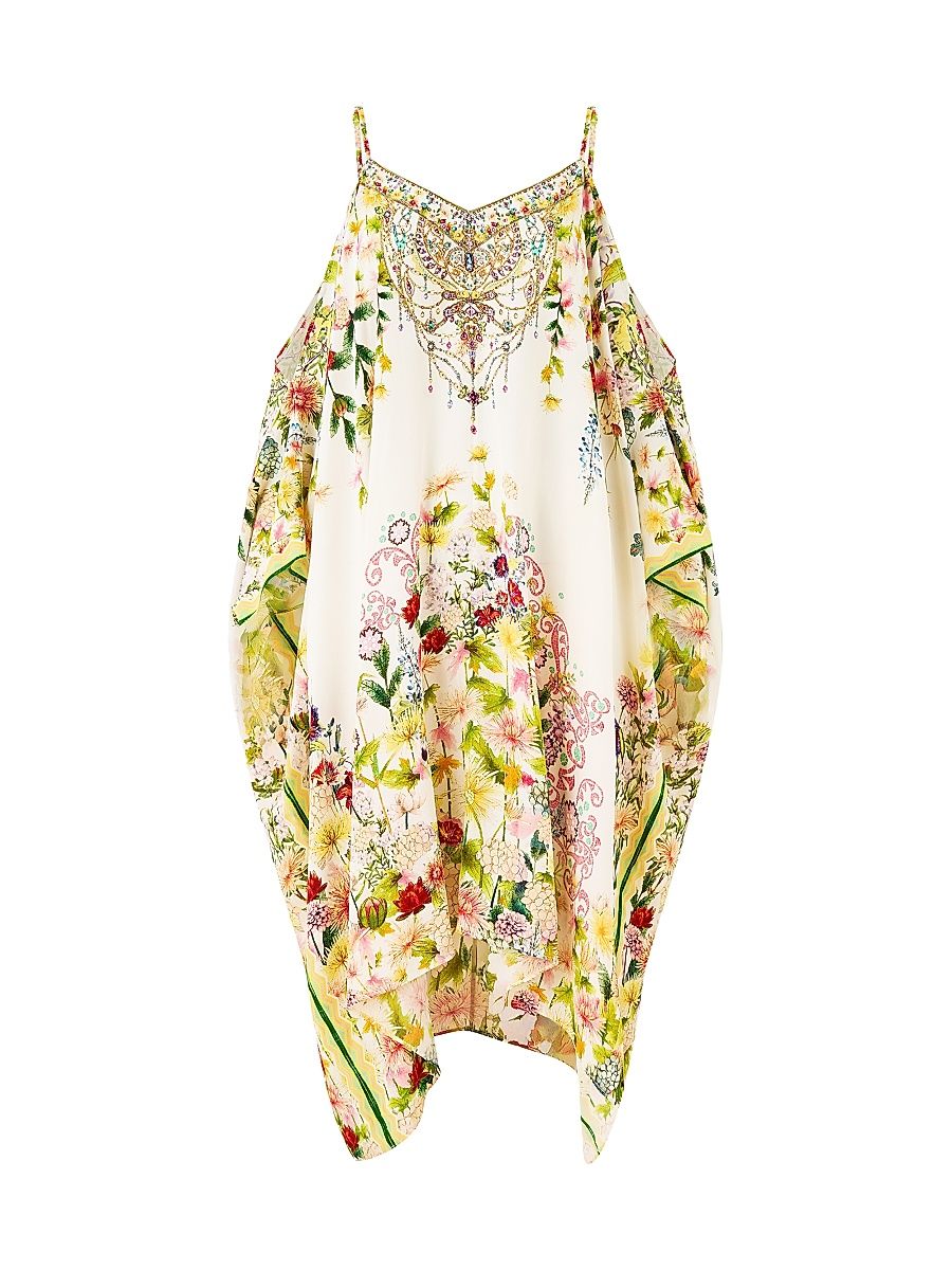 Women's Printed Silk Cold-Shoulder Caftan - The Call Of Catalonia