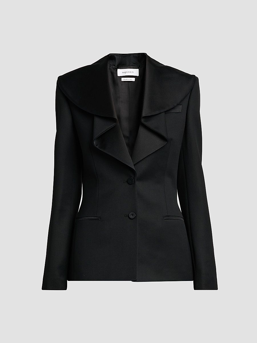 Women's Draped Satin Lapel Single-Breasted Jacket - Black - Size 12
