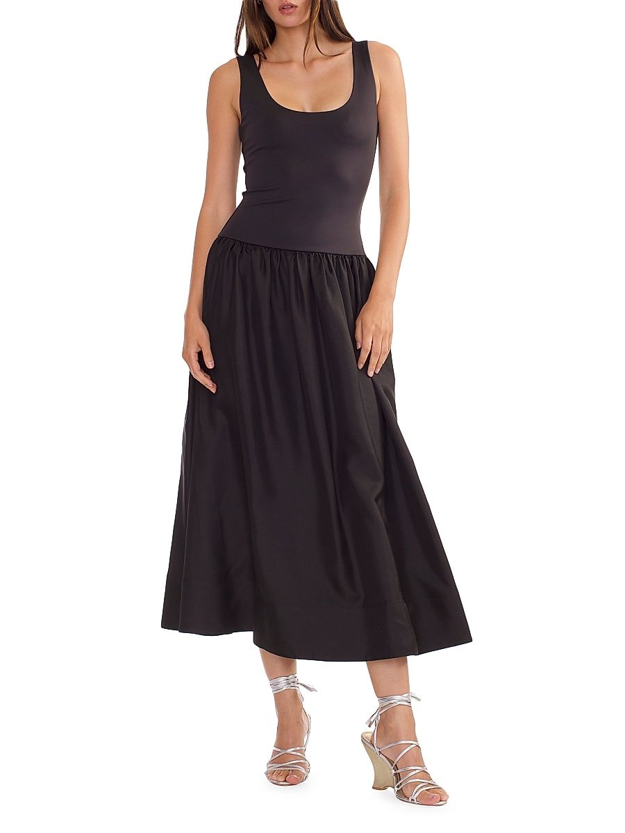 Women's Mixed Media Dropwaist A-Line Midi-Dress - Black - Size Medium