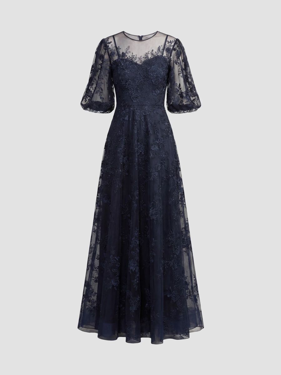 Mac Duggal Women's Embroidered Illusion High-Neck Puff-Sleeve A-Line Gown - Midnight - Size 18