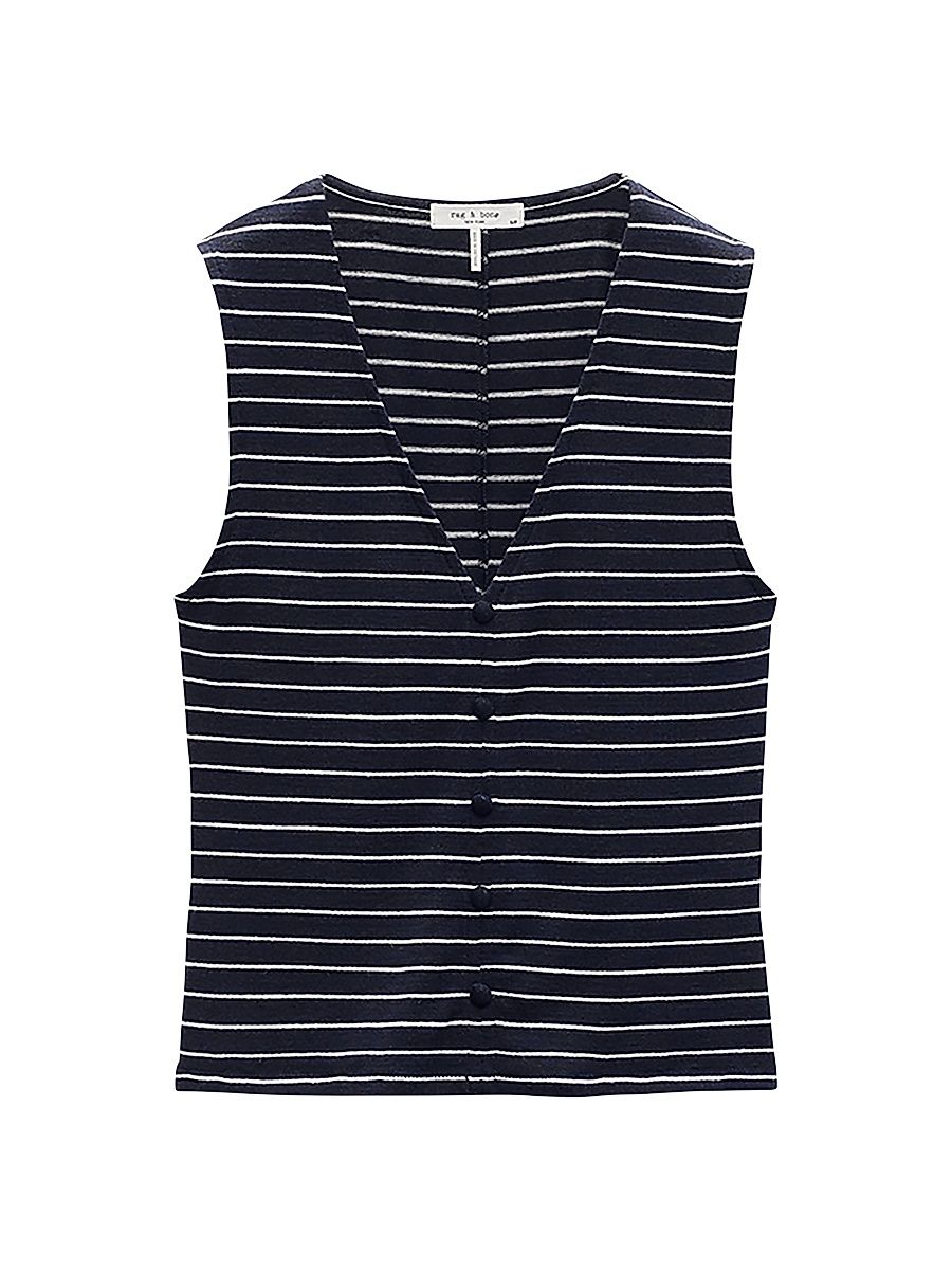 Women's Striped Buttoned Knit Tank - Navy Multi - Size Large