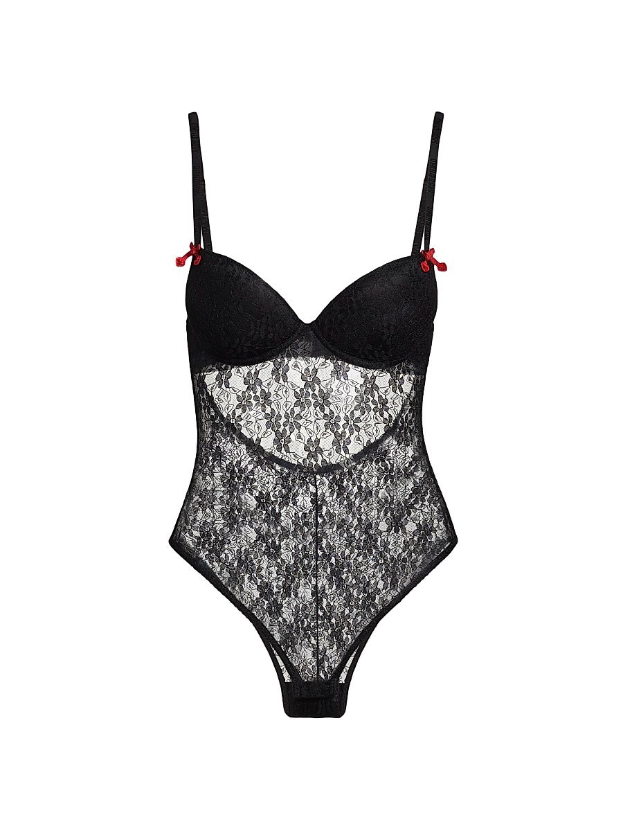 Women's Floral Lace Bustier Bodysuit - Black - Size Large