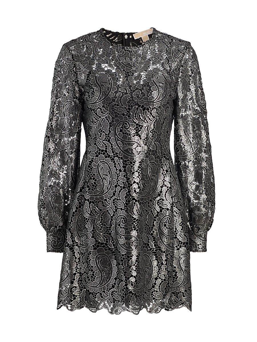 Women's Metallic Lace Long-Sleeve Minidress - Gunmetal - Size 14