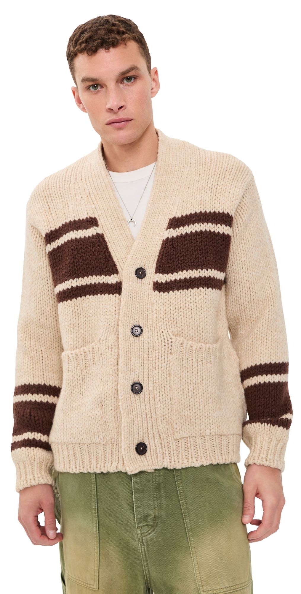 Universal Works Langdale Chunky Knit Stripe Cardigan Ecru M