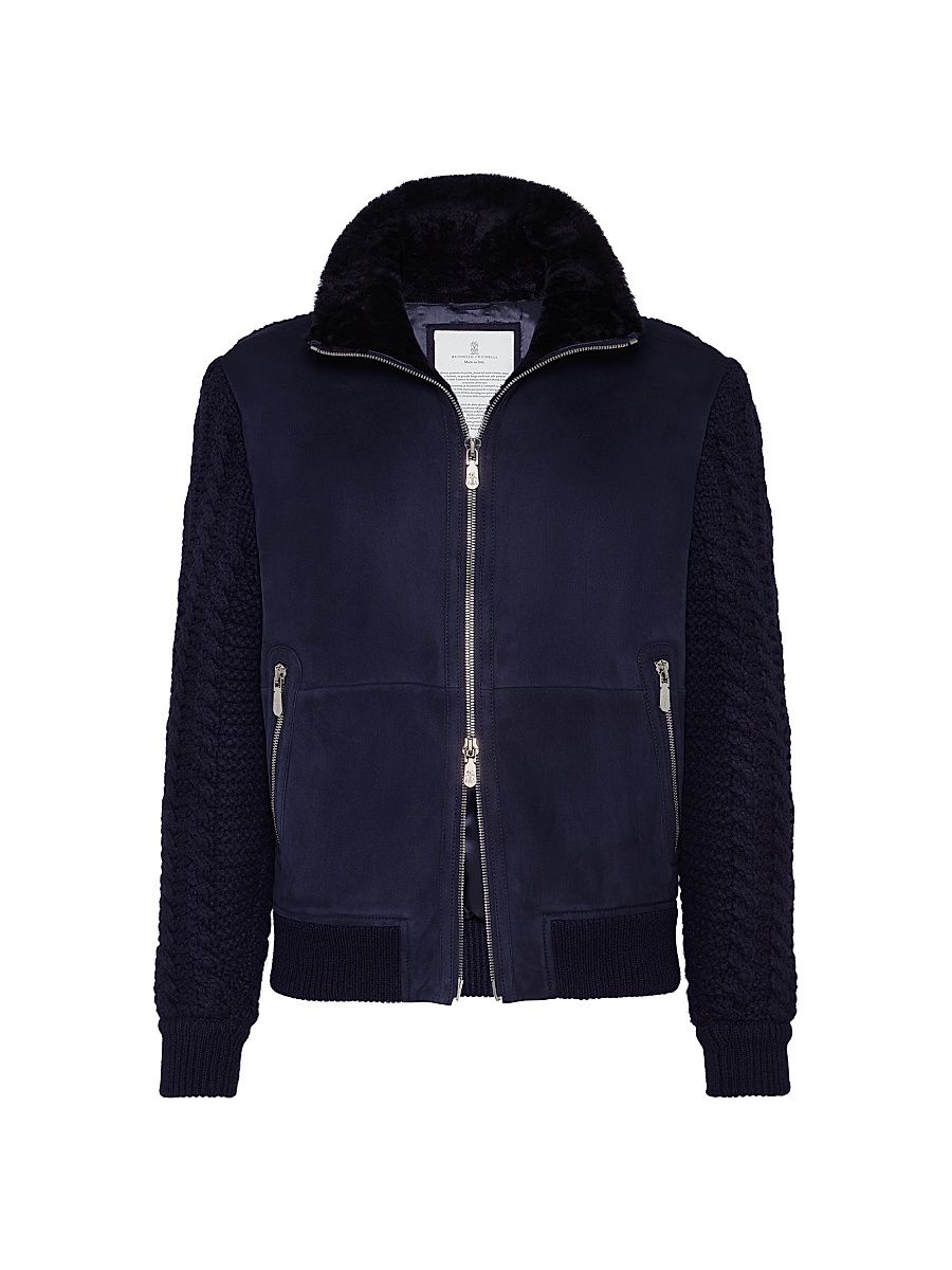 Men's Suede Shearling and Cashmere Knit Bomber Jacket with Thermore Padding - Blue - Size XS