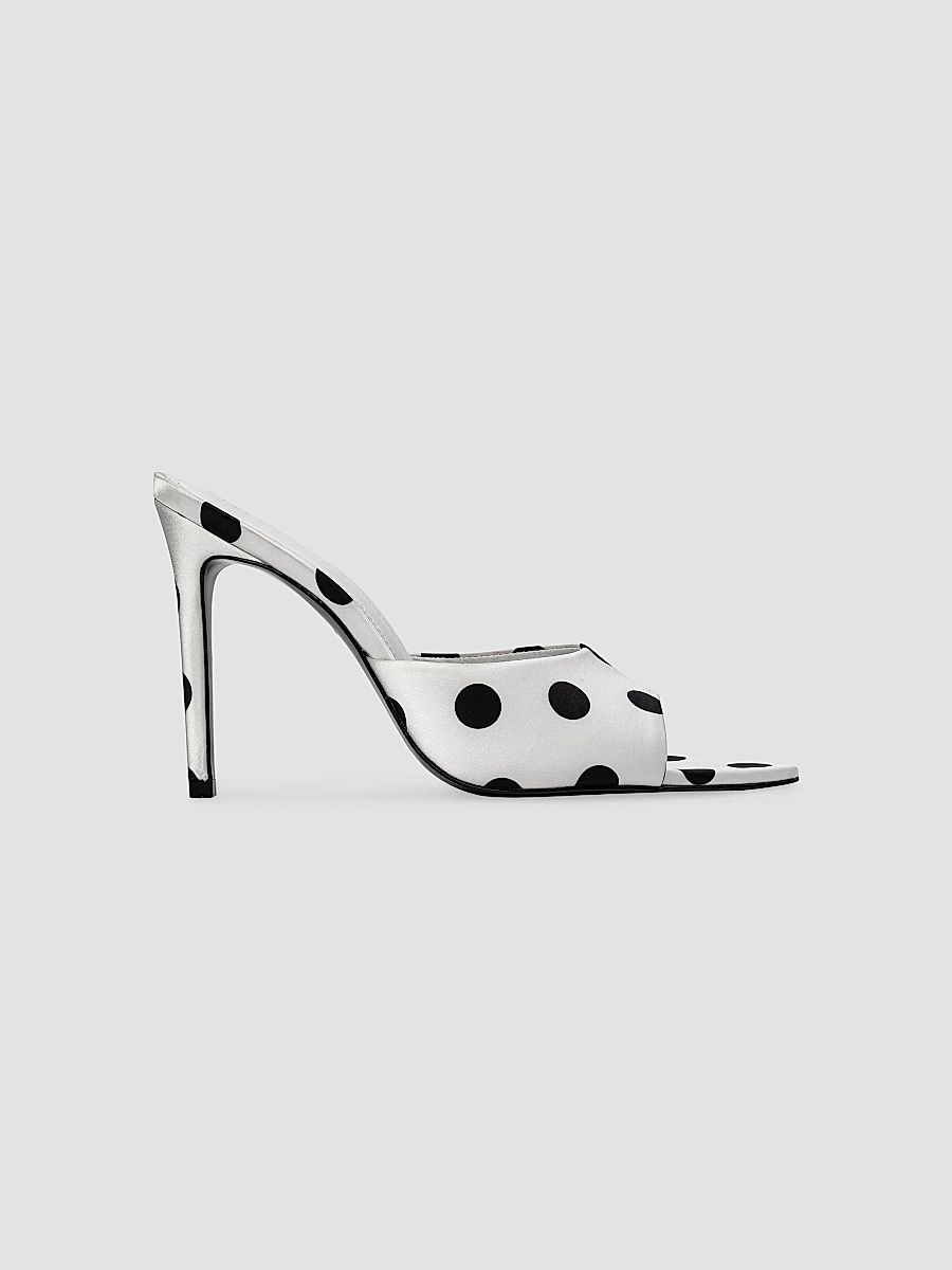 Black Suede Studio Women's Bella 100MM Polka Dot Mule Heels - White Polka Dot Satin - Size 10