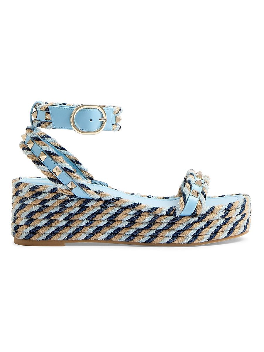 Women's Rockstud Flatform Sandals in Calfskin 45MM - Blue Ivory - Size 9