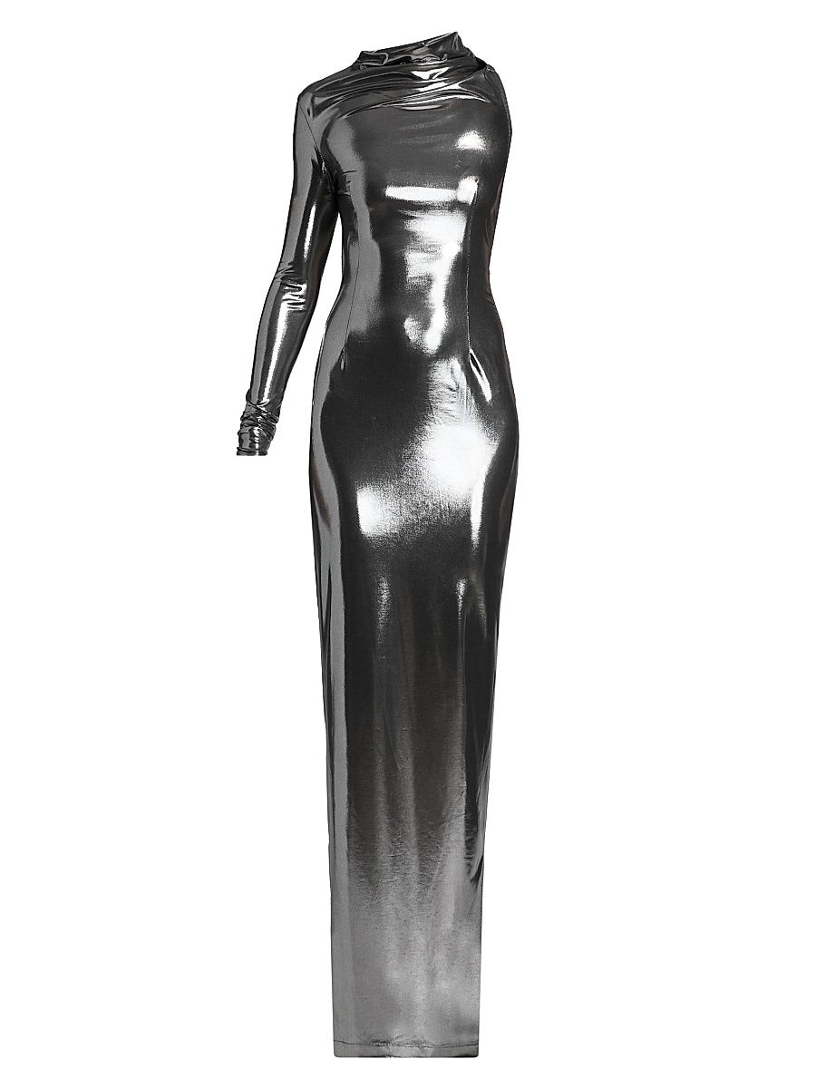 Women's Metallic Asymmetric Cut-Out Gown - Silver - Size Large