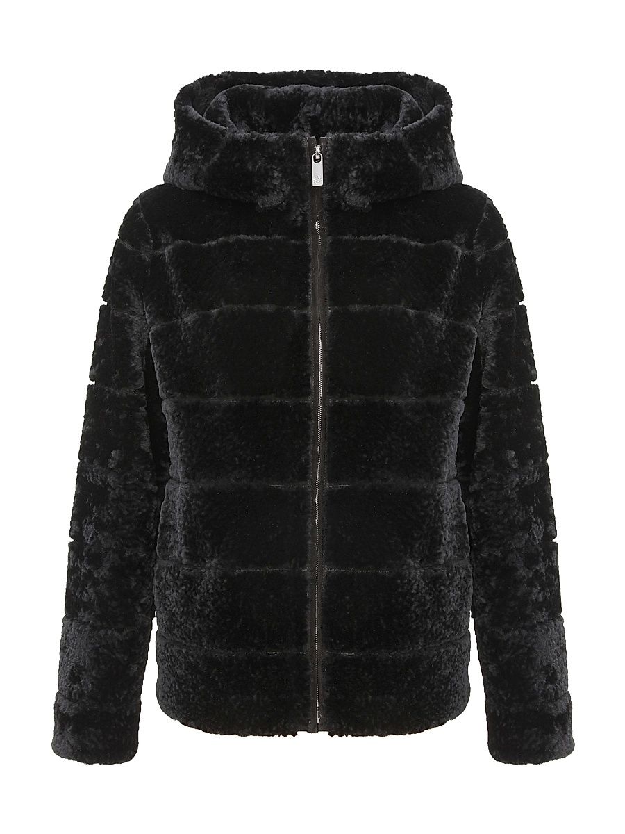 Women's Horizontal Curly Shearling Lamb Zip Jacket with Hood - Black - Size Large