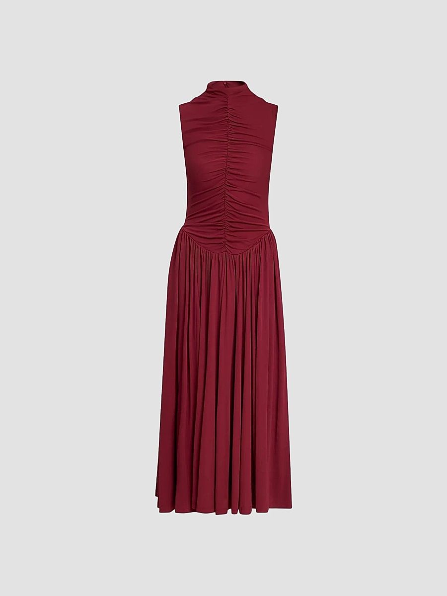 Toccin Women's Faria Mock Turtlenck Ruched Midi Dress - Oxblood - Size Large