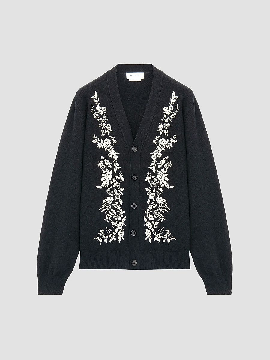 Men's Embroidered Wool Cardigan - Black Ivory - Size 38