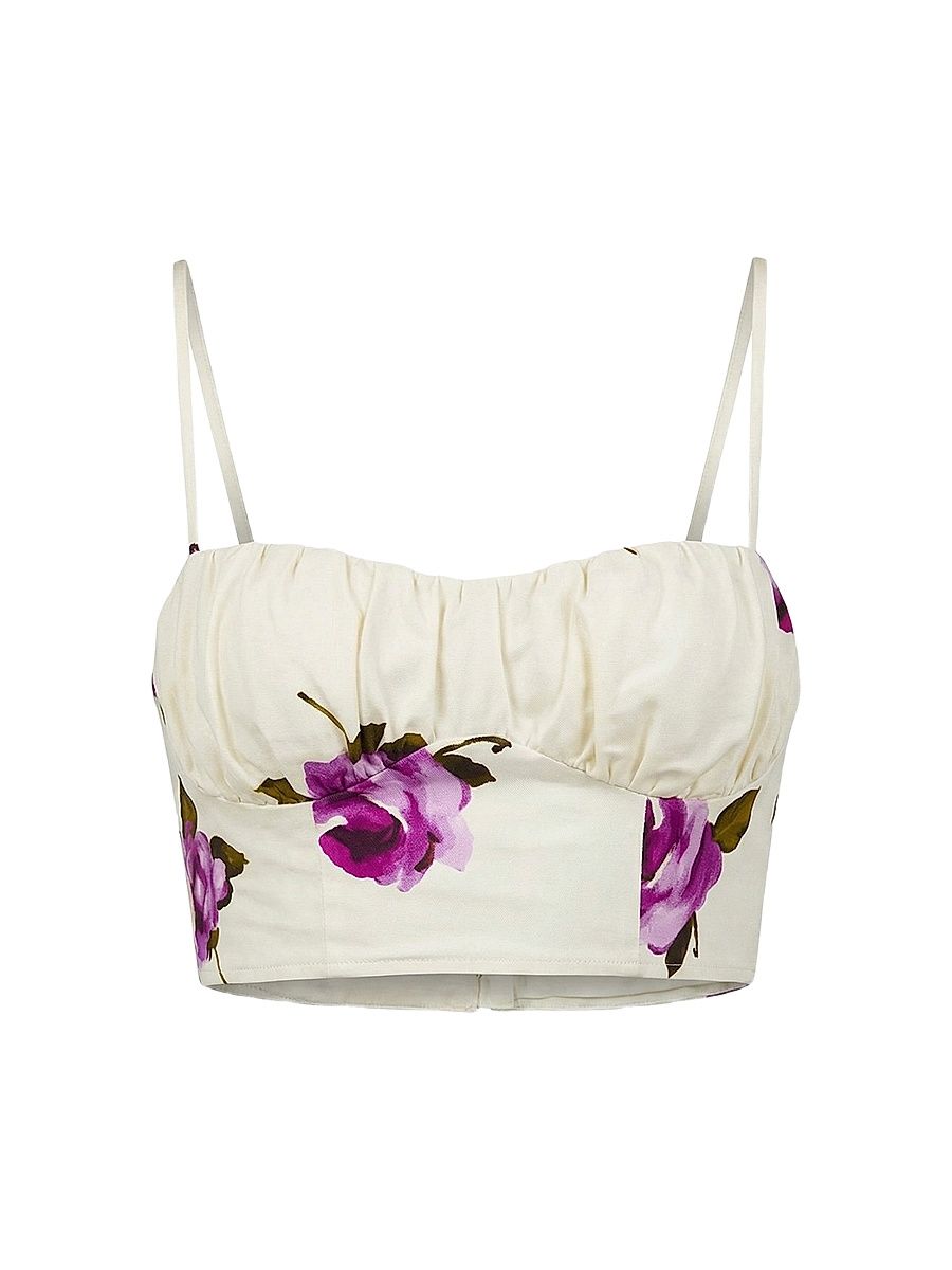 Women's Yulia Printed Linen-Blend Crop Top - Floating Rosebuds - Size 12