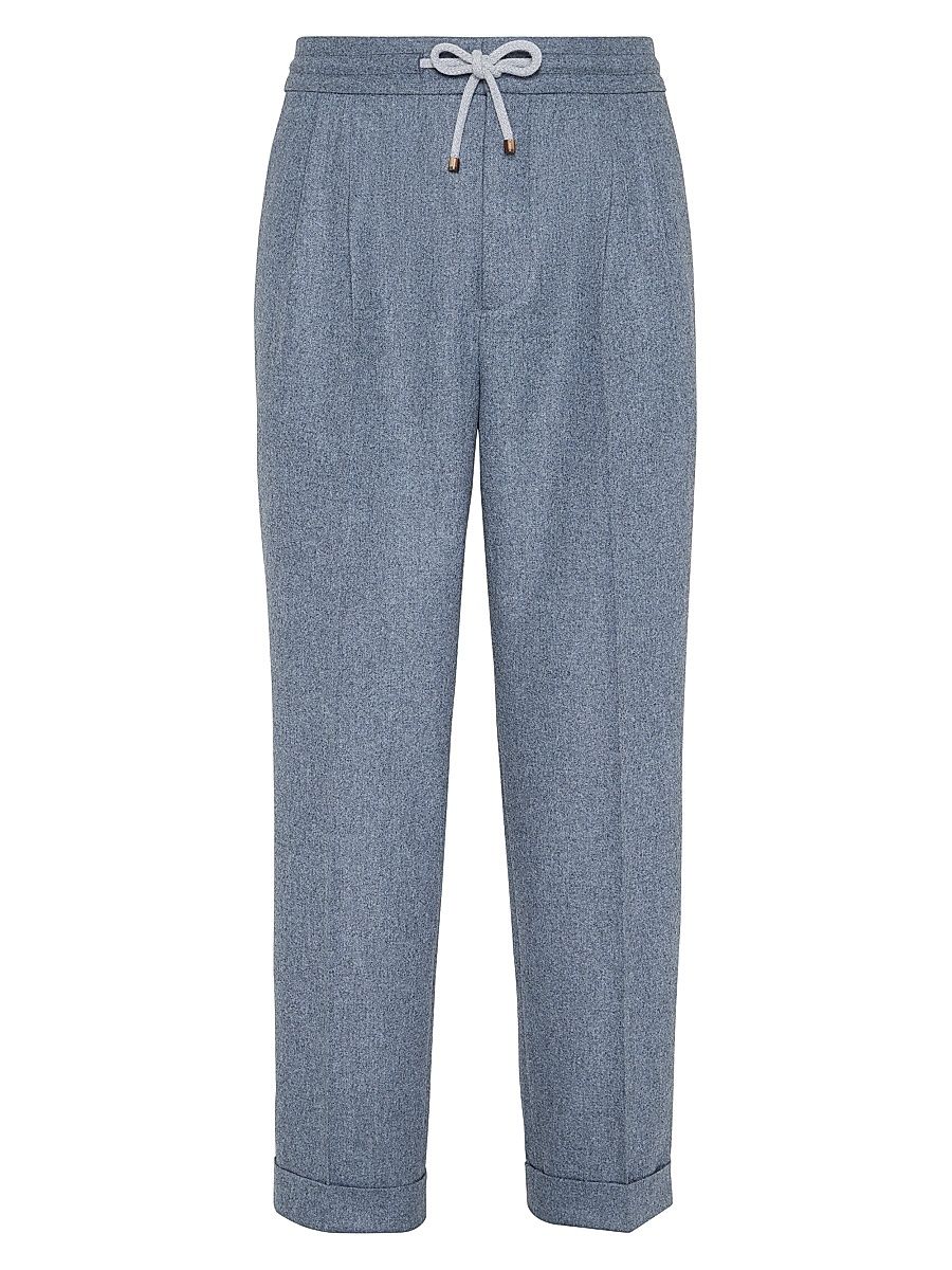 Men's Virgin Wool Trousers with Drawstring and Double Pleats - Denim - Size 44