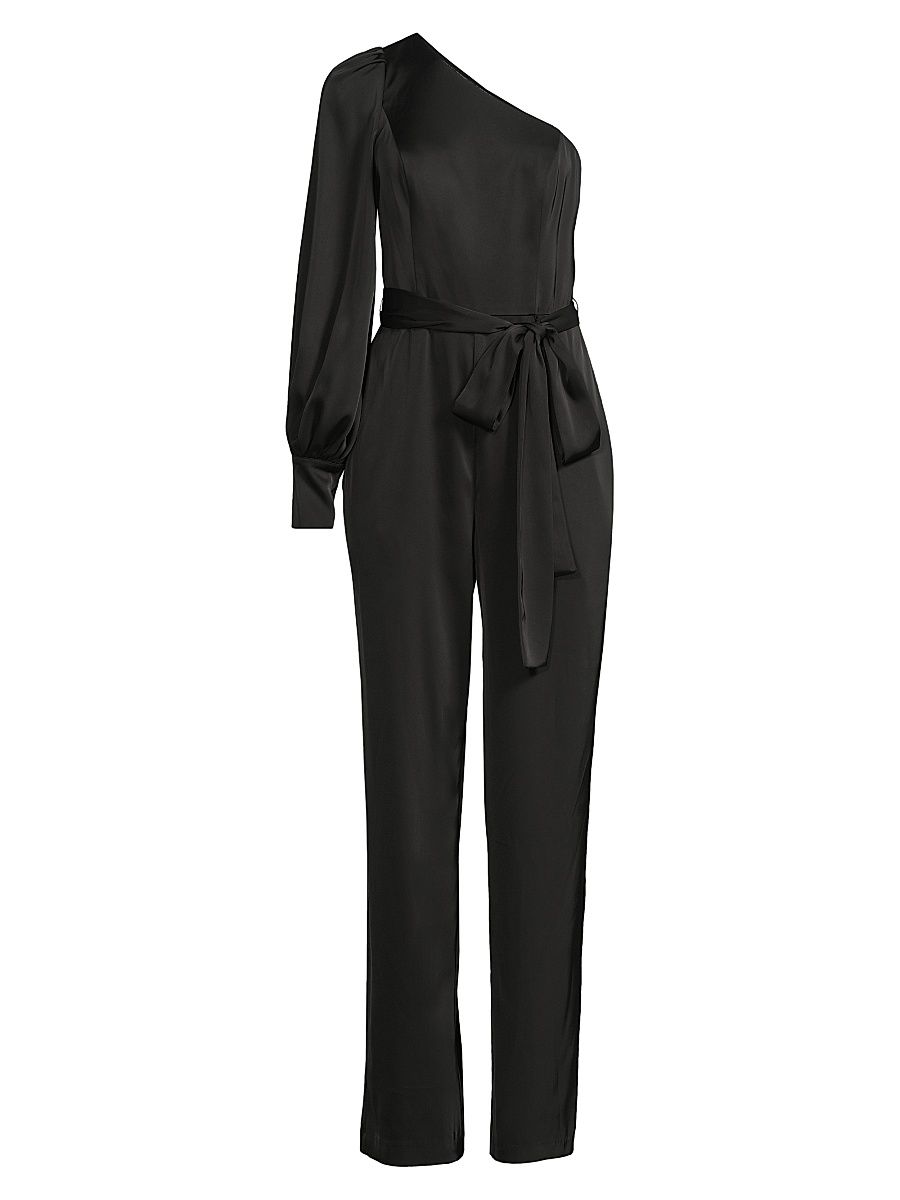 Women's Satin One-Shoulder Tie-Waist Jumpsuit - Black - Size 6