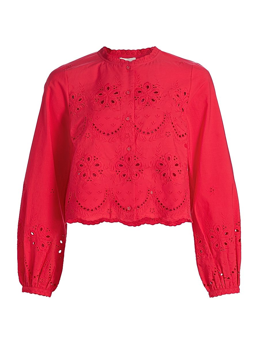 Women's Kalena Cotton Eyelet Crop Blouse - Candy Apple - Size Large