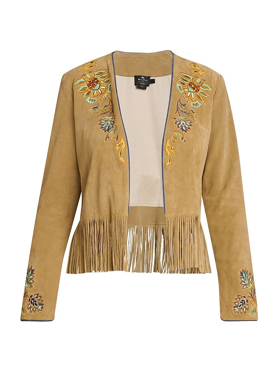 Women's Embroidered Suede Fringe Jacket - Beige - Size 8
