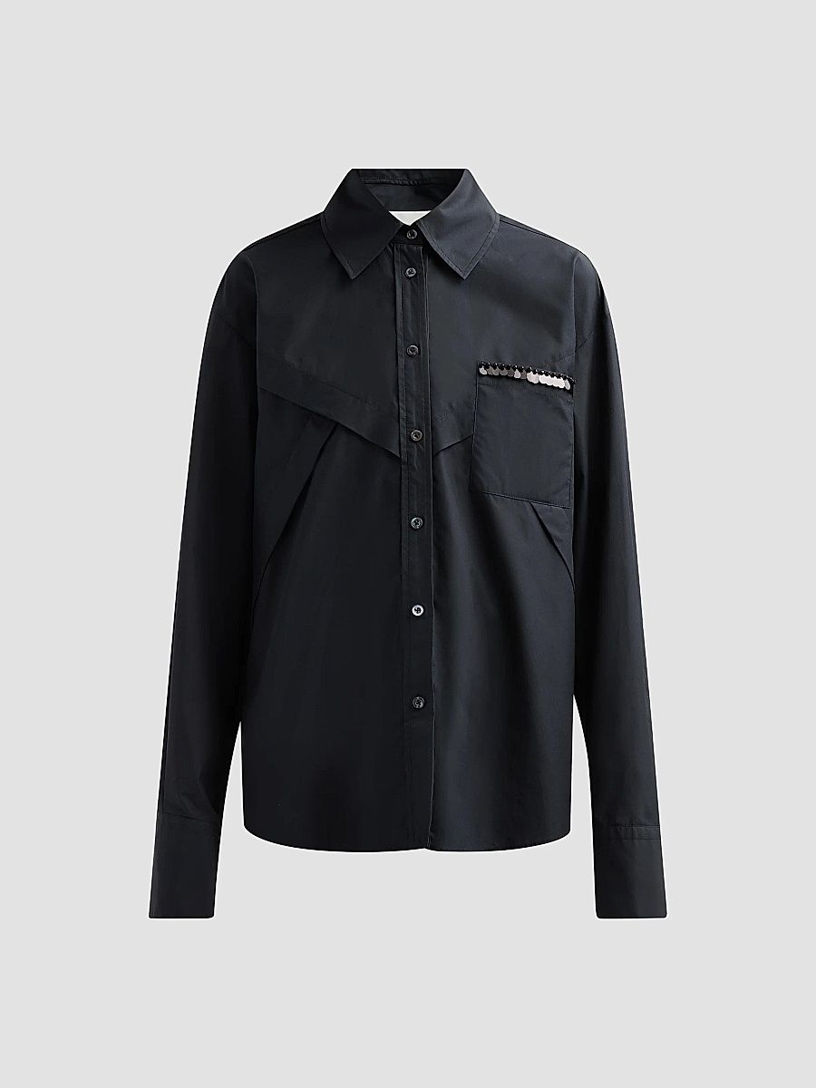 Women's Embellished Cotton Poplin Shirt - Black - Size Large