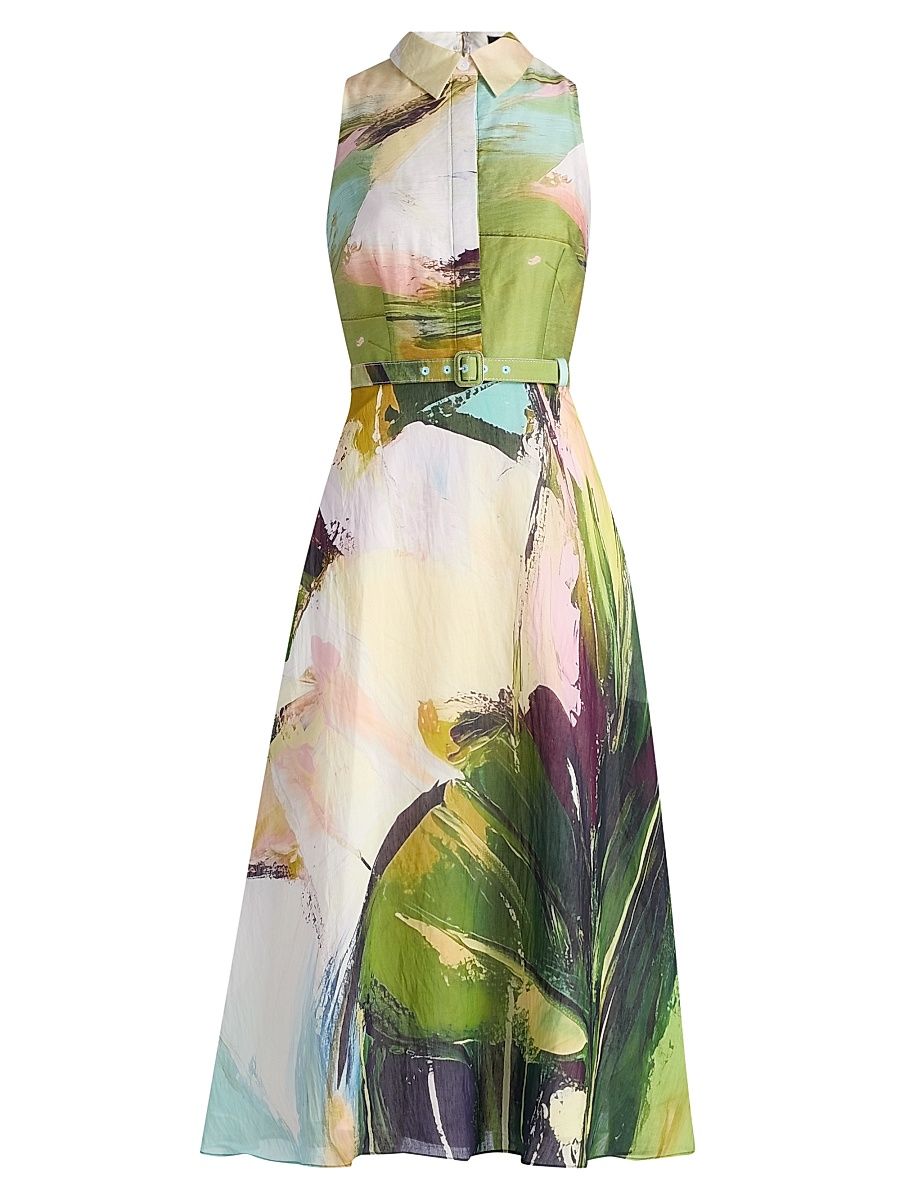 Women's Abstract Print Cotton Midi-Shirtdress - Green Multi - Size 4