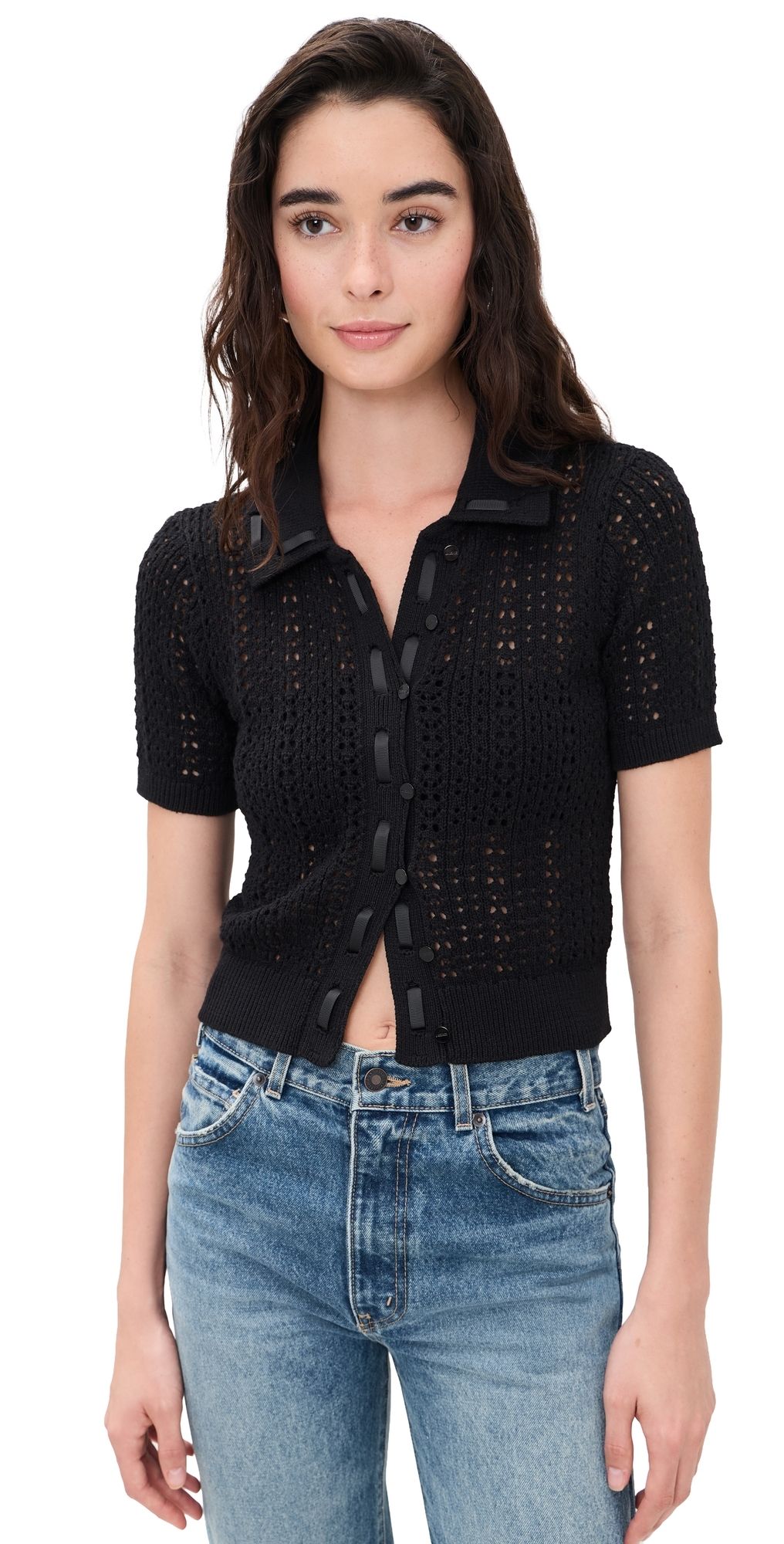 L'AGENCE Ninette Pointelle Cardigan Black/Black XL