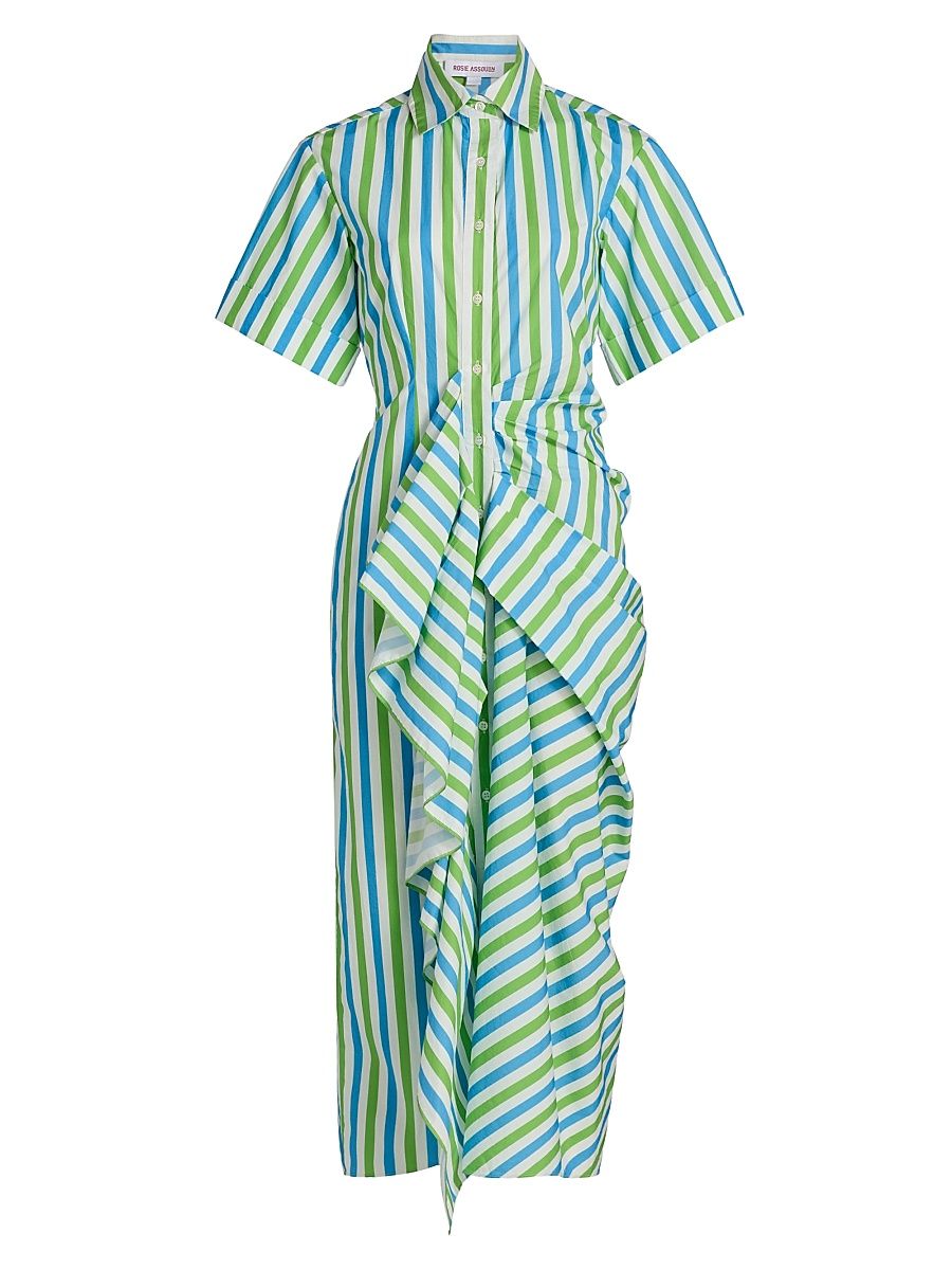 Women's Striped Gathered Ruffle Shirtdress - Blue Green Stripe - Size 6